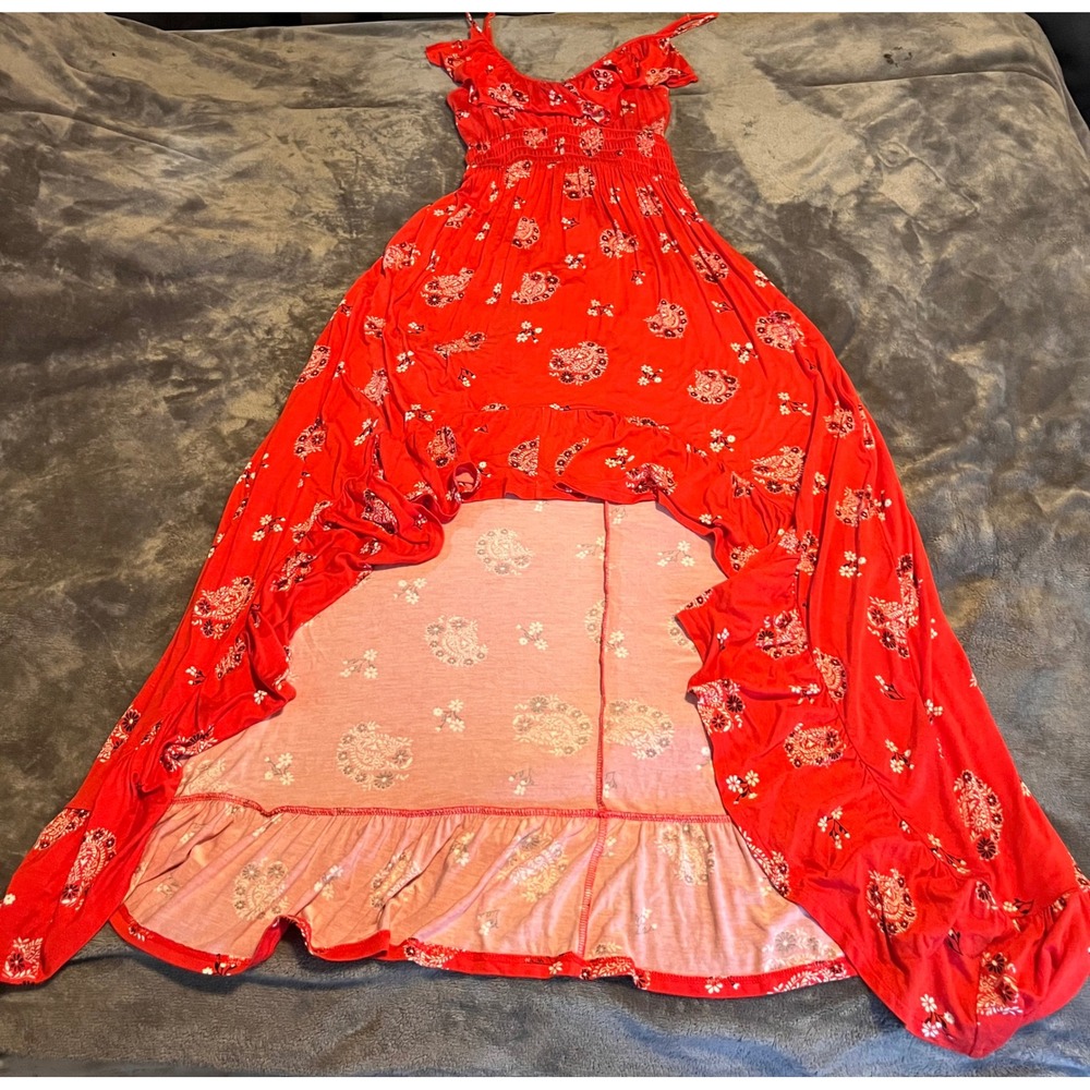 Express Red Paisley Floral High Low Maxi Dress XS Smocked Cutout Back Ruffle